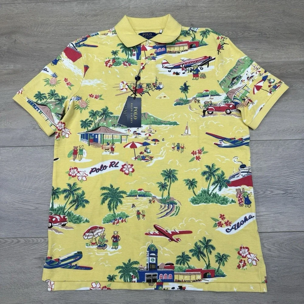 NWT Polo Ralph Lauren Polo Bear Hawaiian Tropical Aloha Polo Shirt Sz M Bear